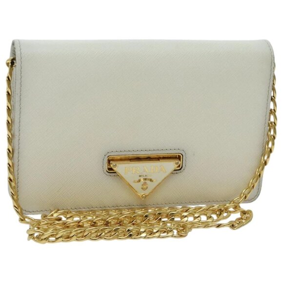 PRADA Chain Shoulder Bag Safiano leather White Gold - Picture 1 of 15